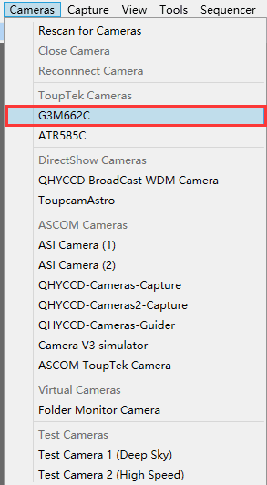 SharpCap camera menu showing G3M662C SharpCap camera menu showing G3M662C