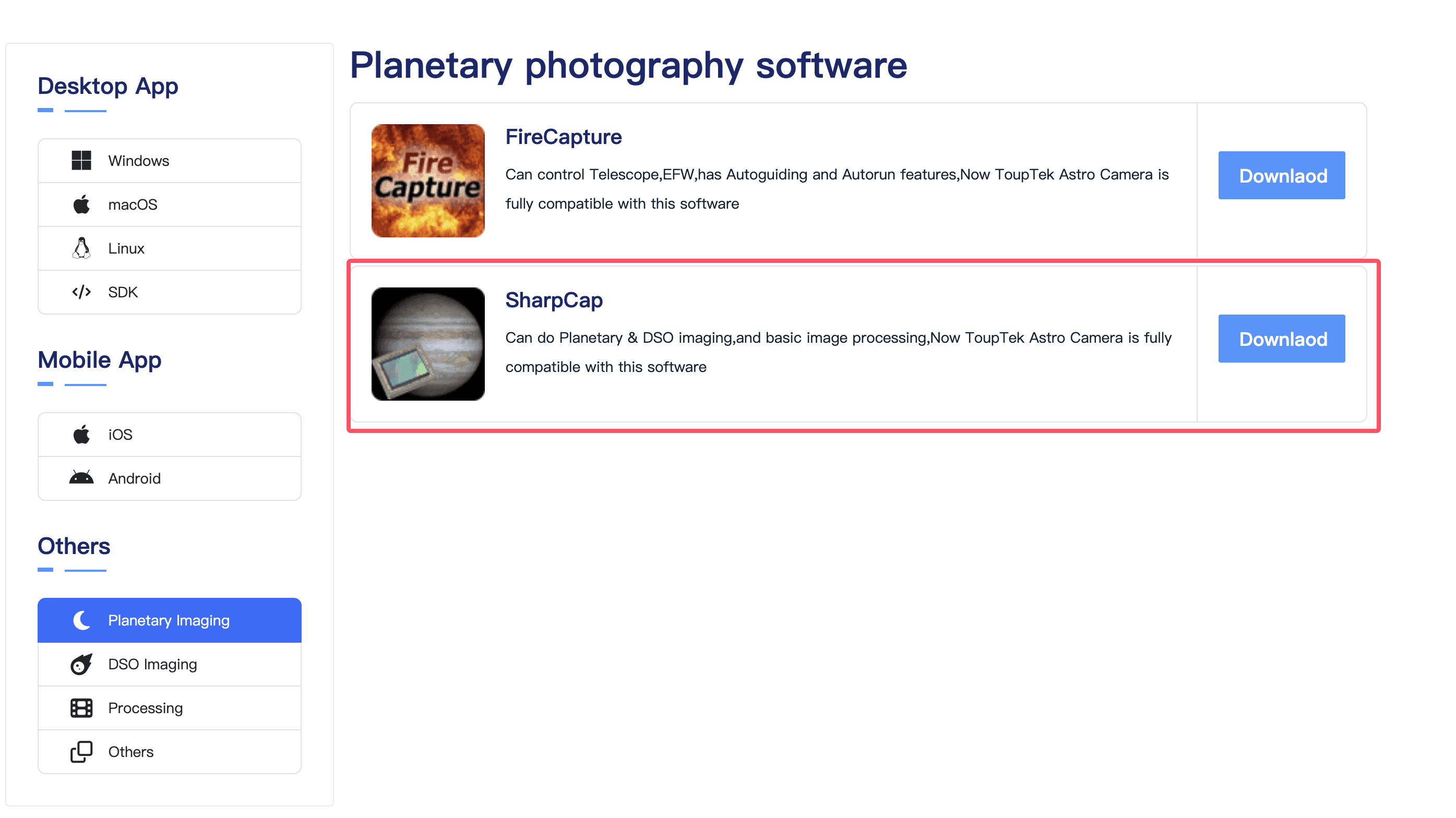 SharpCap download entry in the ToupTek Astro download center SharpCap download entry in the ToupTek Astro download center