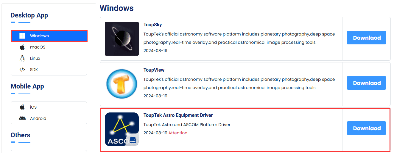 ToupTek Astro Equipment Driver download entry ToupTek Astro Equipment Driver download entry