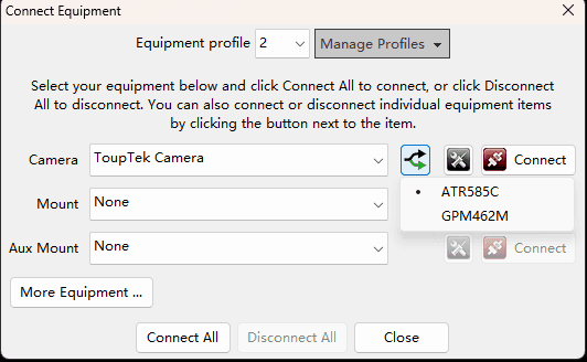 PHD2 multi-device ToupTek camera selection screen PHD2 multi-device ToupTek camera selection screen