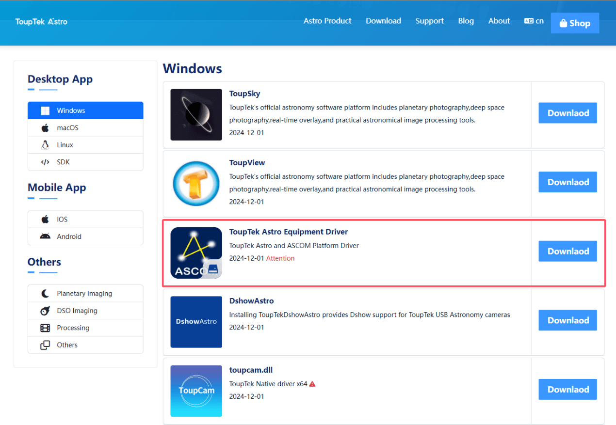 ToupTek Astro Windows driver download page ToupTek Astro Windows driver download page