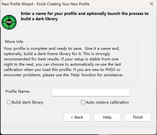 PHD2 setup wizard completion screen PHD2 setup wizard completion screen
