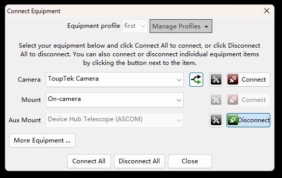 PHD2 device connection screen for ToupTek Camera PHD2 device connection screen for ToupTek Camera